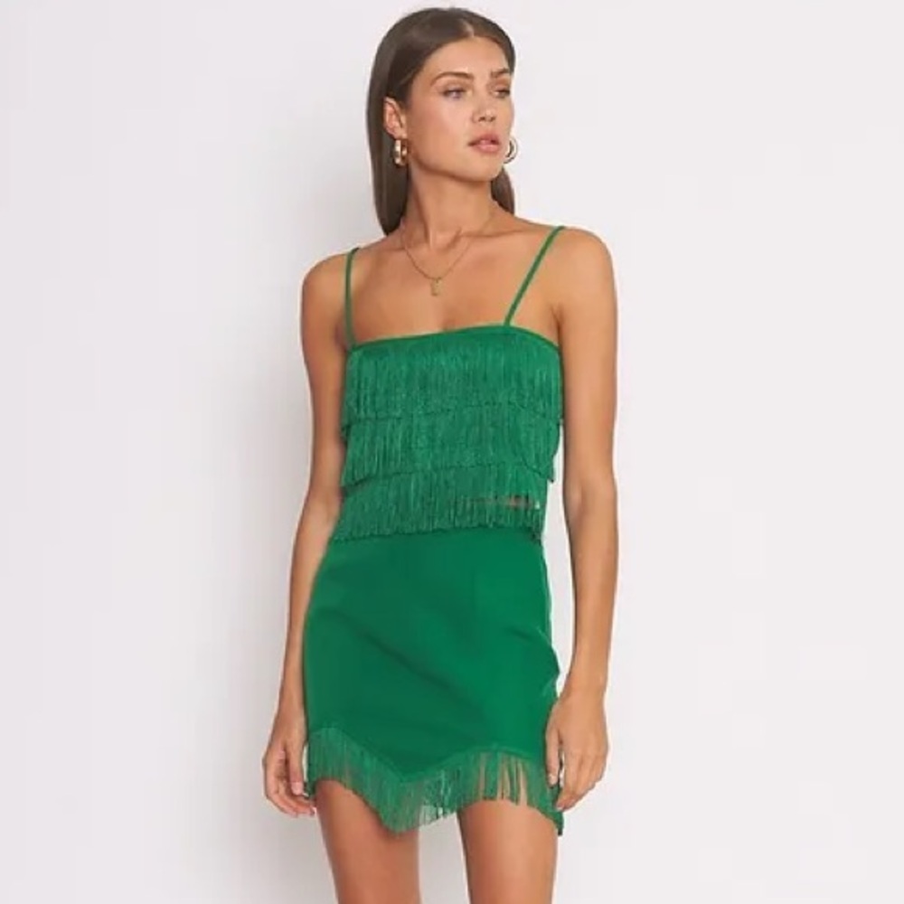 Hausen Green Fringe Skirt Set